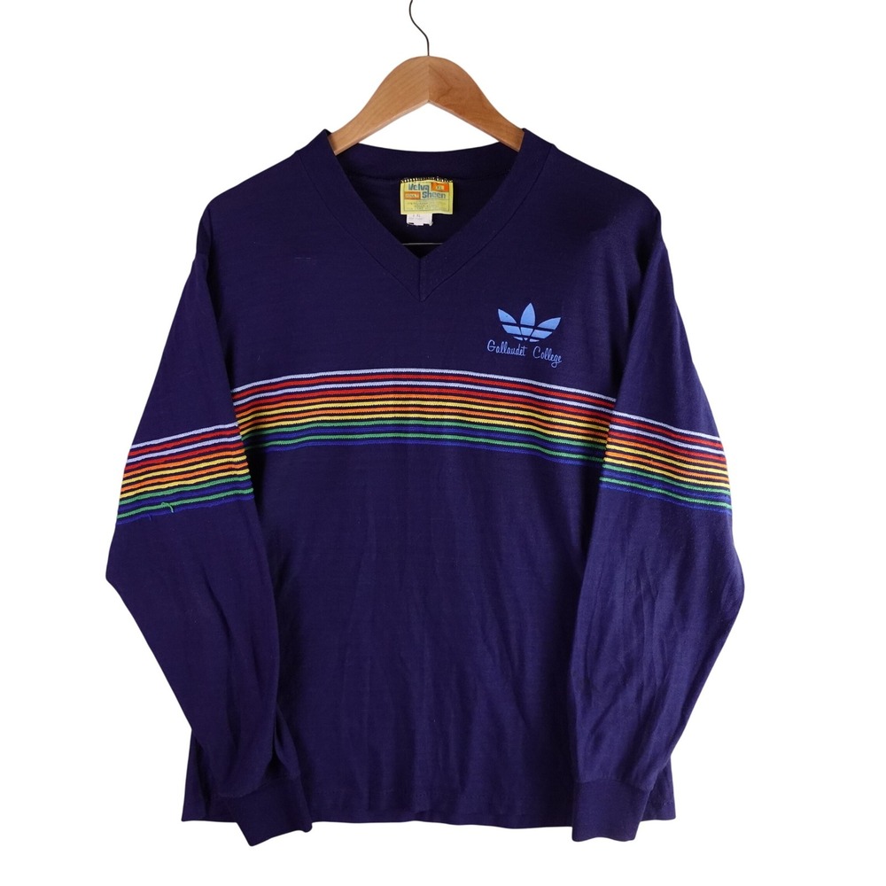 Vintage Velva Sheen Gallaudet College Rainbow Stripe V-Neck Shirt Mens XL Blue